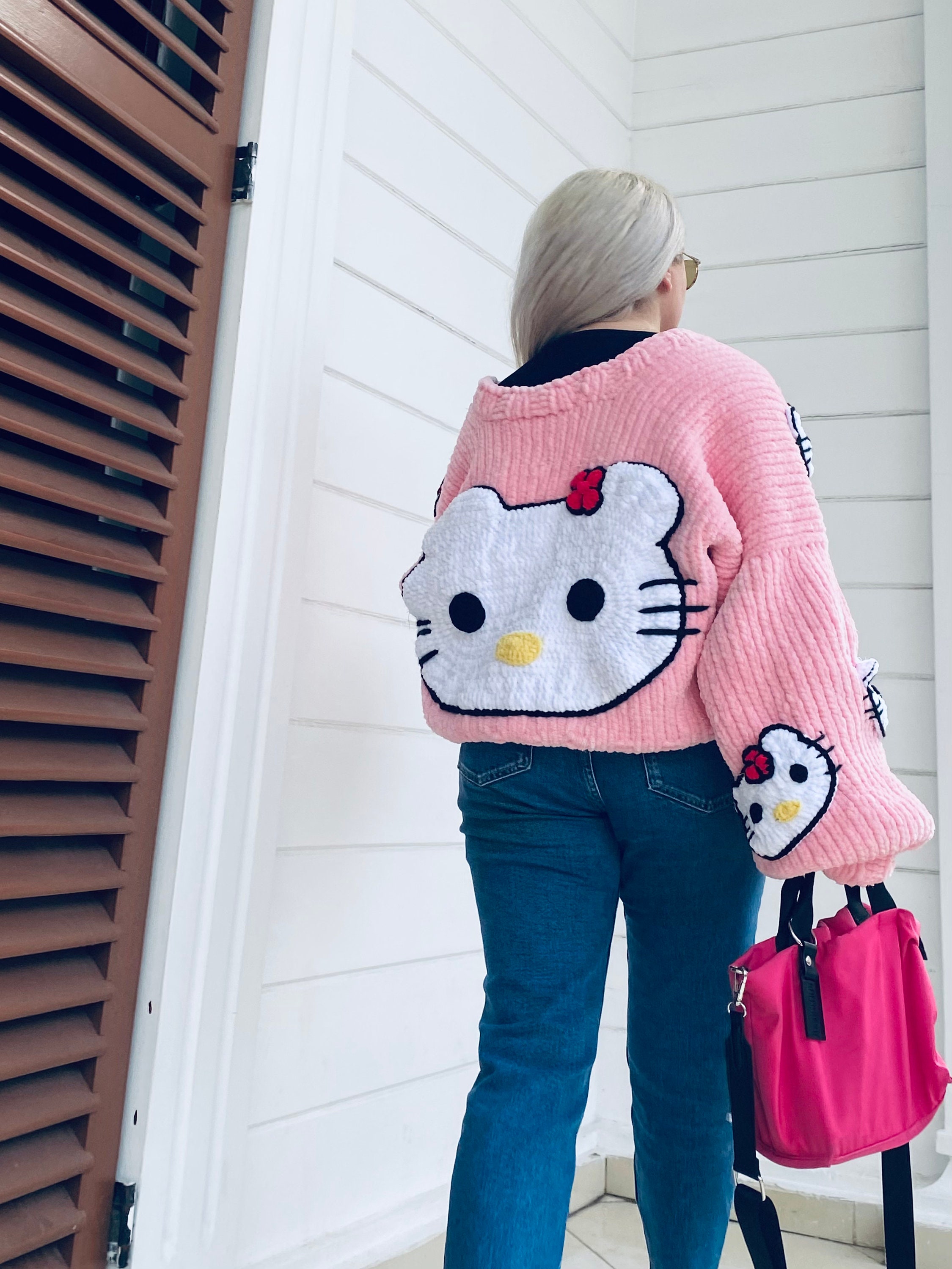 Hello Kitty Crochet Cardigan Pink – Handmade Kawaii Y2K Oversized