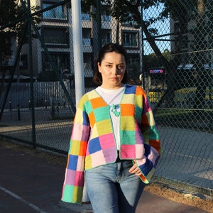 Crochet Knit Cardigan Sewing Pattern Cropped Colorful For Women Oversize Rainbow Long Sleeves Clothing image 4