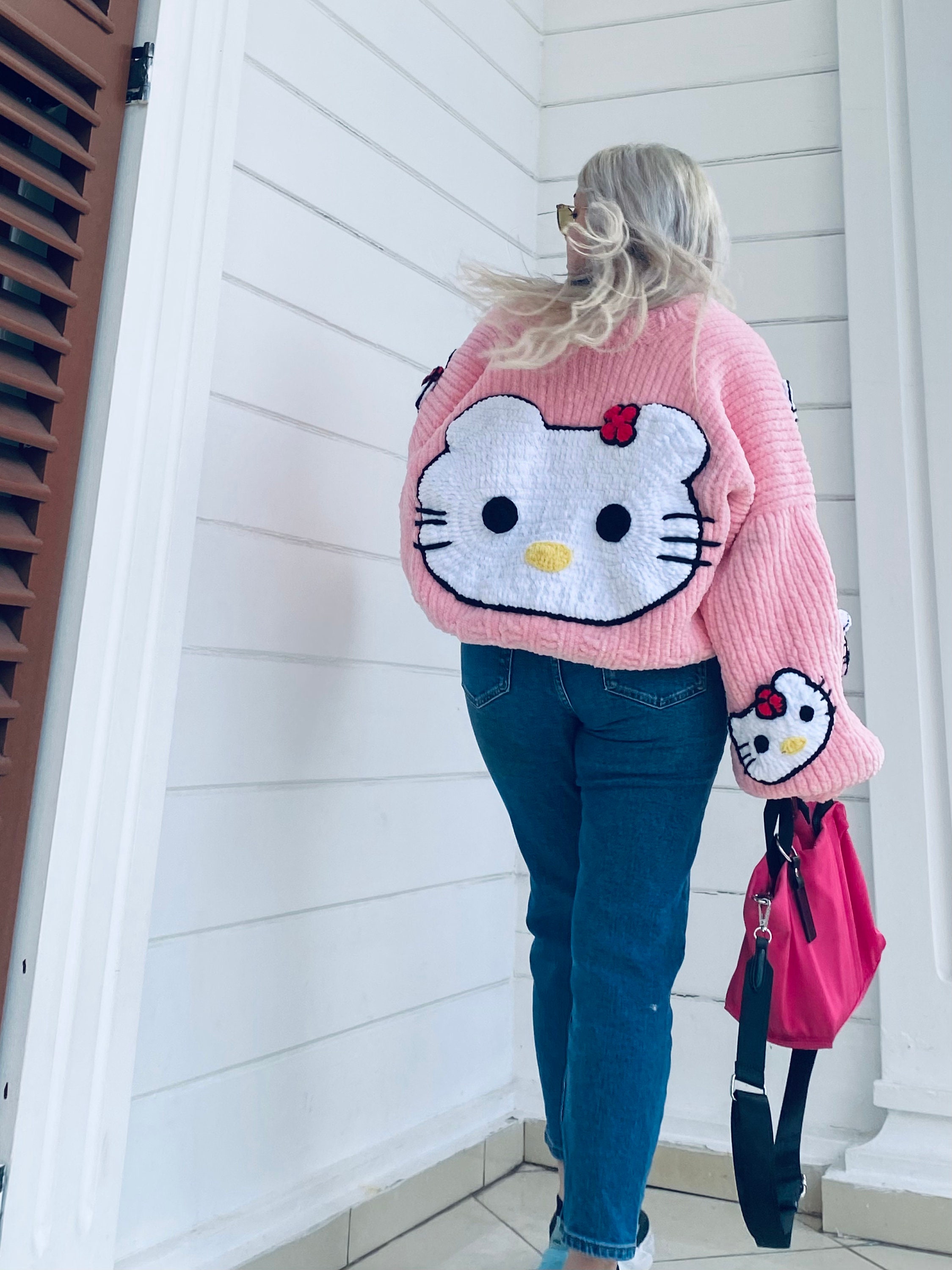 Hello Kitty Crochet Cardigan Pink – Handmade Kawaii Y2K Oversized