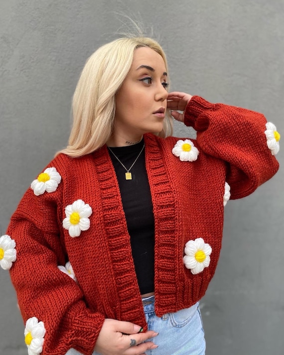 Handknit Brown Cardigan, Daisy Knit Cardigan, Oversized Sweater