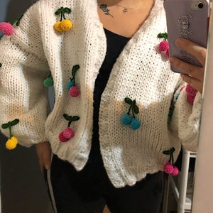 Crochet Cardigan, Handknit Sweater, Chunky knit cardigan, Cherry Pattern White Cardigan, Knit Jacket
