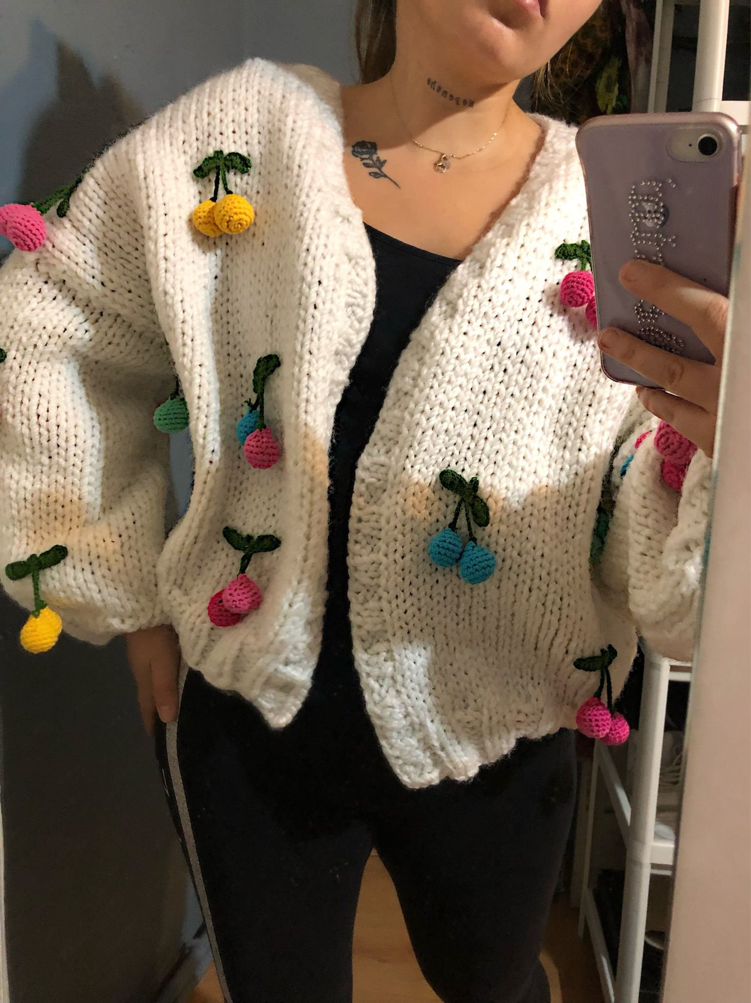 Crochet Cardigan, Handknit Sweater, Chunky Knit Cardigan, Cherry 
