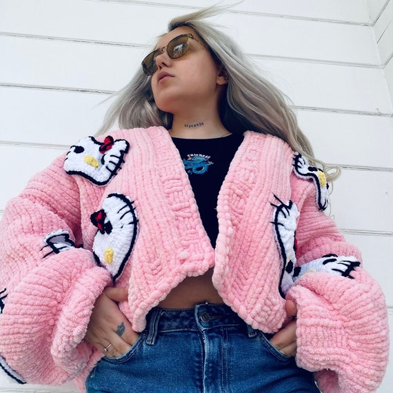 Hello Kitty Cardigan, Crochet Pink Cardigan, Y2k Pink Clothing