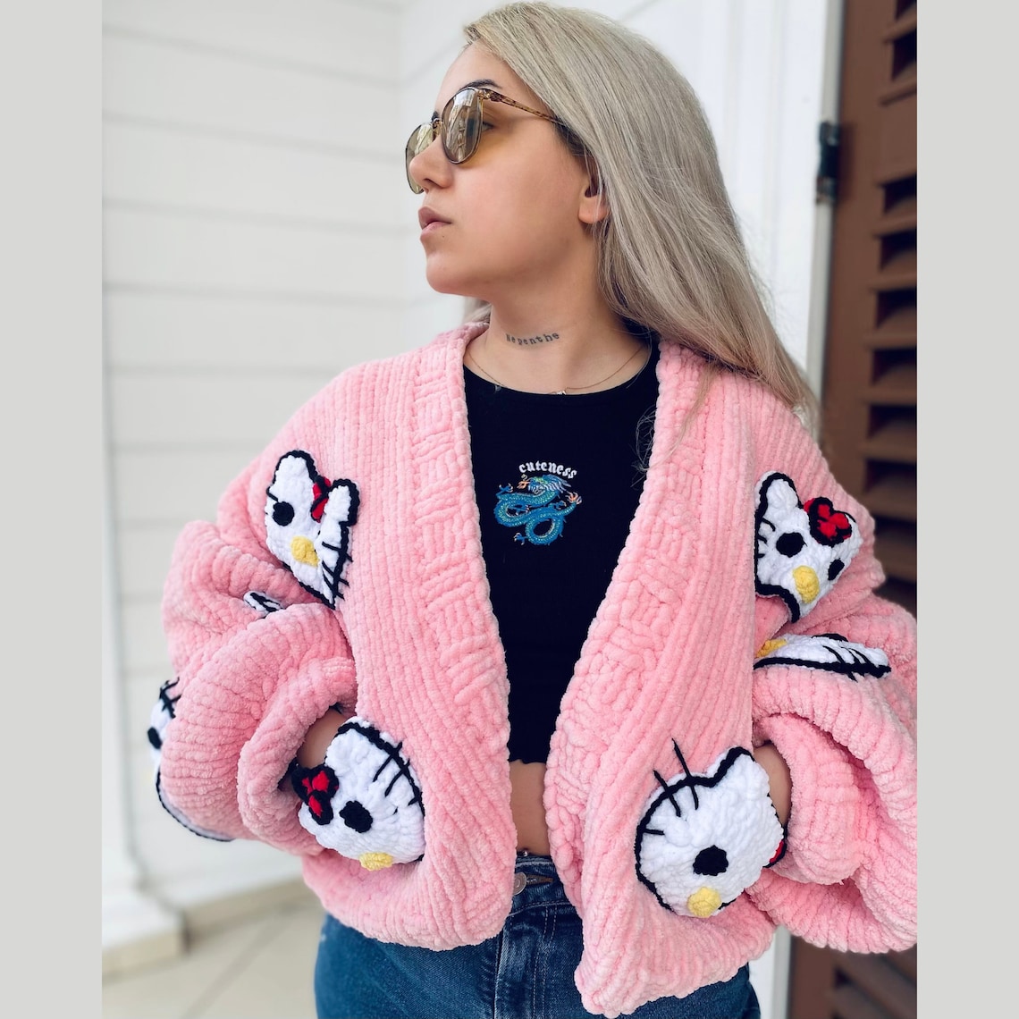 Hello Kitty Cardigan, Crochet Pink Cardigan, Y2k Pink Clothing