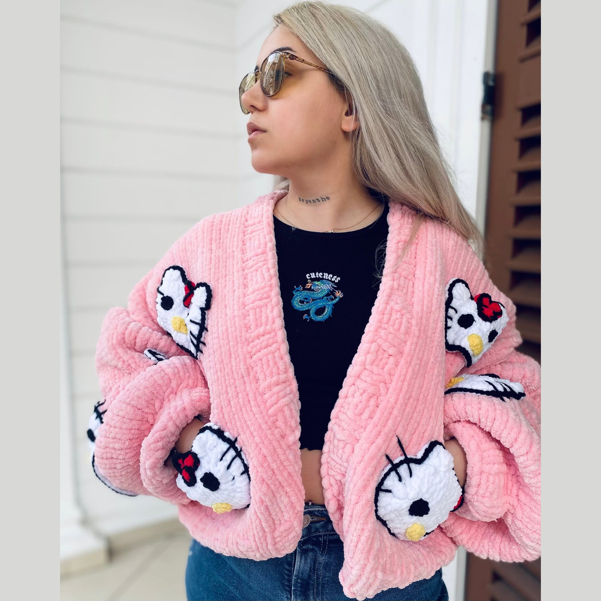 Hello Kitty Crochet Cardigan Pink – Handmade Kawaii Y2K Oversized