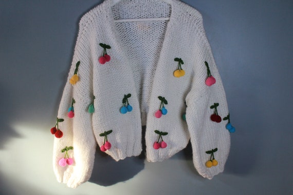 Cherry Embroidered Chunky Knit Cardigan, Cropped Cardigan, Floral