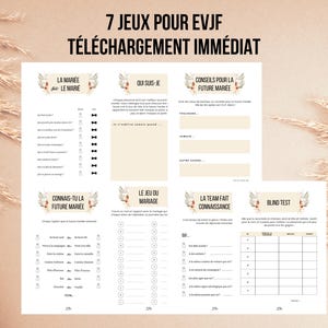 GAMES EVJF boho theme to download and print, EVJF entertainment, bachelorette party, 7 printable EVJF games in French