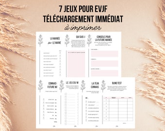 May include: Seven printable games for a bridal shower or hen party. The games are titled "La Mariée du Le Marie", "Qui Suis-J", "Conseils pour la Future Mariée", "Connais-Future Me", "Le Jeu du M", "La Team Connais", and "Blind Test".