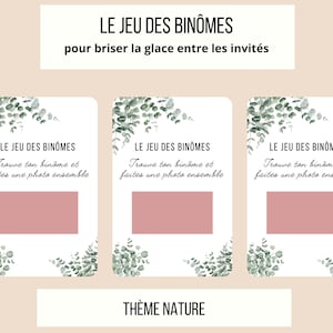Jeu mariage amusant thème nature-eucalyptus, jeu des binômes à gratter version duos célèbres, icebreaker en français, jeu des duos