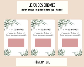 Jeu mariage amusant thème nature-eucalyptus, jeu des binômes à gratter version duos célèbres, icebreaker en français, jeu des duos