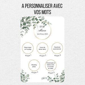 Carte à gratter EVJF personnalisée avec prénom et étapes clés du programme de l'enterrement de vie de jeune fille