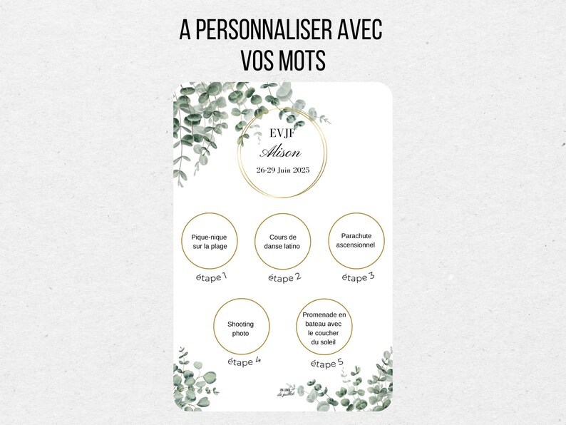 Carte à gratter EVJF personnalisée avec prénom et étapes clés du programme de l'enterrement de vie de jeune fille