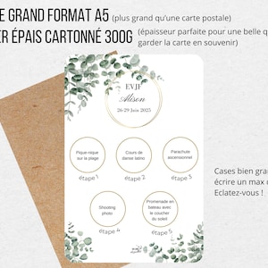 Carte EVJF avec 5 ou 6 étapes à gratter, une surprise à chaque moment pour la future mariée