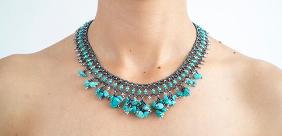 Turquoise Raw Stone Collar Necklace Natural Turquoise Stone and