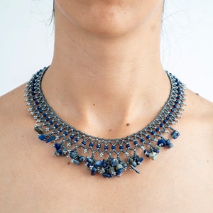 Lapis lazuli birthstone december necklace, Bohemian astrology jewelry Aesthetic raw stone beaded necklace, Crystal grandma necklace.