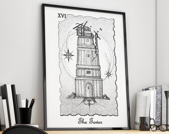 Tarot Poster The Tower, Mystical Universe, Large Wall Art prints, No Frame