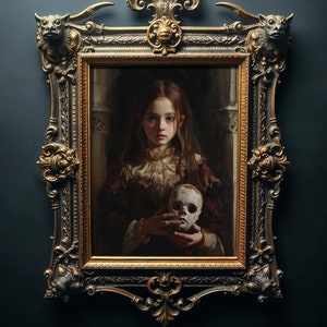 Stampa artistica di ragazza gotica con bambola di porcellana, decorazione Dark Academia (download digitale)