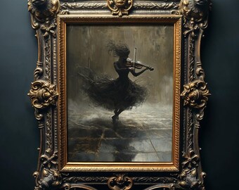 Gothic Woman Violinist Oil Painting Print, Vintage Dark Romance Wall Art (Digital Download)