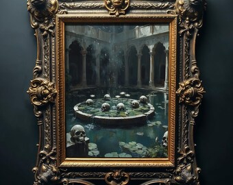 Gothic Skull Pond Oil Painting Print, Dark Academia Wall Art (Digital Download)