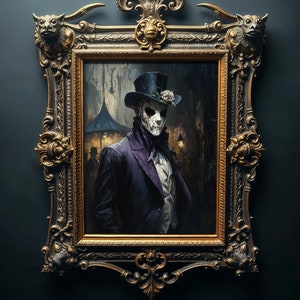 Stampa ad olio su tela del direttore di circo gotico con maschera in porcellana, stampabile, arte murale vintage dark romance