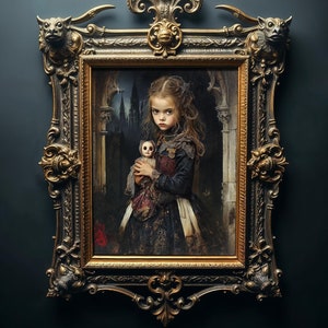 Gothic Mädchen mit einer Puppe Ölgemälde Druck, druckbare Vintage Dark Romance Wandkunst