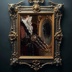 May include: A framed portrait of a person wearing a dark red jacket and a white lace shirt. The person's right hand is a mechanical hand with gears and cogs. The portrait is framed in a gold and silver ornate frame with decorative carvings.