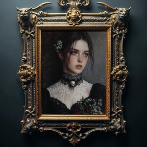 Stampa di ritratto di donna gotica, girocollo in pizzo, decorazione murale Dark Academia (download digitale)