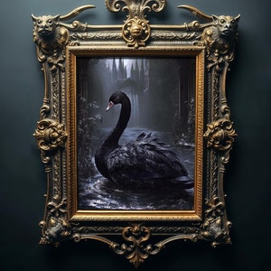 Gothic Black Swan Oil Painting Print, Printable Vintage Dark Romance Wall Art