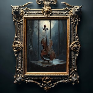 Gothic Violin Oil Painting Print, Printable Vintage Dark Romance Wall Art