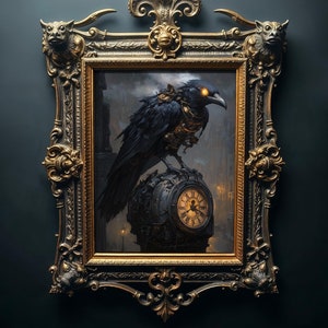 Gothic Mechanical Crow in a Clock Oil Painting Print, Printable Vintage Dark Romance Wall Art
