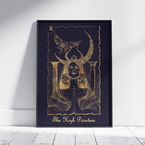 Tarot Card poster The High Priestess, Mystical Universe Tarot print DARK BLUE and GOLD, Large Wall Art prints, No Frame