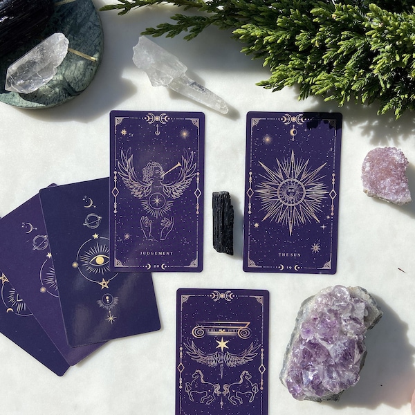 DARK PURPLE GOLD Tarot Deck 78 Cards, Mystical Universe, Tarot Deck with Guidebook and tarot deck bag, Tarot Deck for Beginners