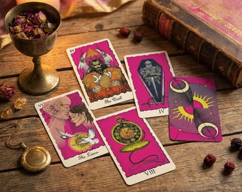Colored PINK Tarot Deck with Digital Guidebook & Red Tarot Bag - Tarot Deck for Beginners