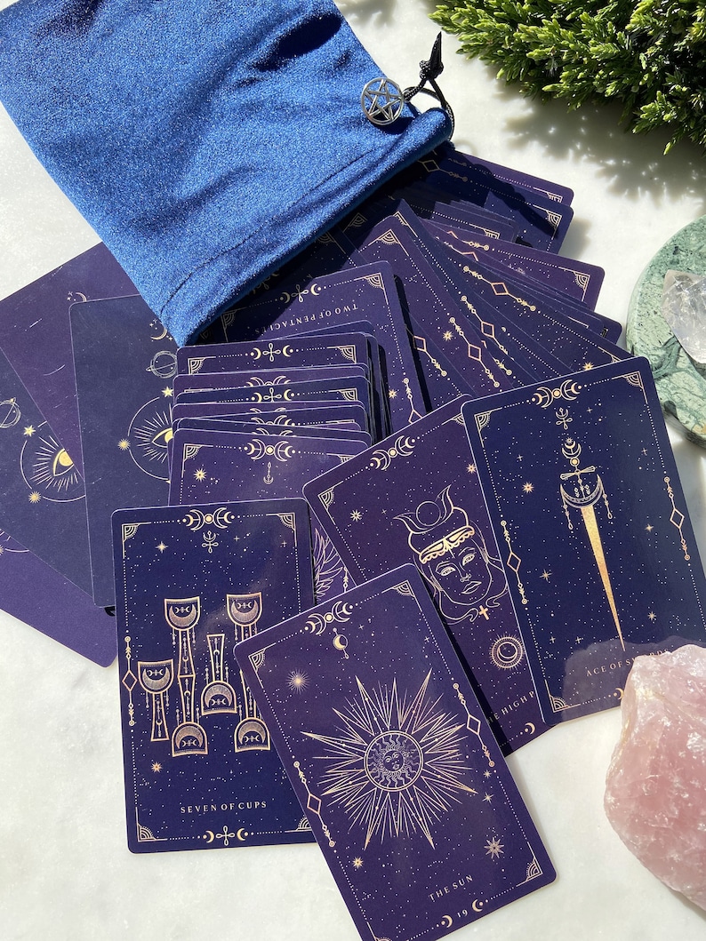 DARK PURPLE GOLD Tarot Deck 78 Cards, Mystical Universe, Tarot Deck with Guidebook and tarot deck bag, Tarot Deck for Beginners Deck with BLUE bag