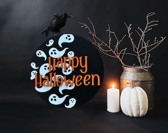 Ghost-backer || Fijne Halloween || Halloween-svg || Halloween-deurhanger || Ronde deur Svg || Lasergesneden bestand || Geest-svg