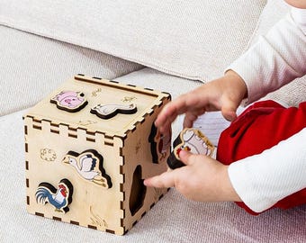 Wooden Farm Animal Sorting Cube: Montessori Toddler Toy, Shape Sorter Birthday | GoodPlay