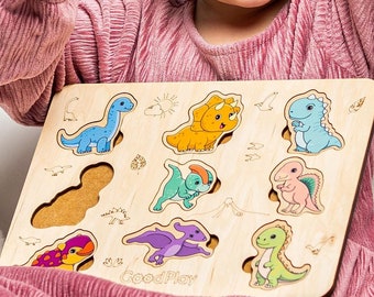 Dinosaur Wooden Busy Puzzle – Montessori Learning Toy, 1st Birthday Gift, Activity Board