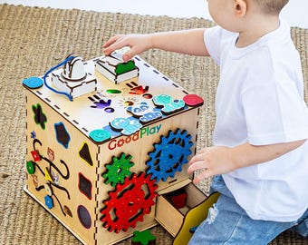 LED Busy Board Cube for Toddlers: Montessori Wooden Toys, Activity Box - GoodPlay