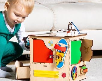 LED Light Activity Wooden Busy Cube: Montessori Sensory Busyboard Toy for Toddlers | GoodPlay