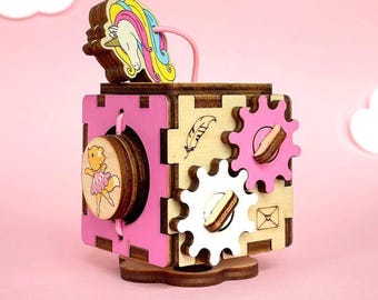 Pink Unicorn Busy Cube : Montessori Sensory Learning Activity Toy for Girl for Stroller - GoodPlay