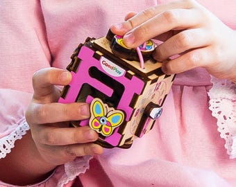 Unicorn Wooden Busy Cube: Sensory Montessori Pram or Car Toy for Baby Girl | GoodPlay