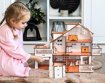 Handmade Pink Wooden Dollhouse for Girl with 5 Rooms, Garage, Balcony - Montessori Toy GoodPlay