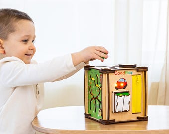 Lighted Wooden Busy Cube: Montessori Sensory Toy for Toddlers, Activity Box | GoodPlay