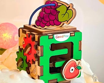 Montessori Busy Cube Learn Fruits Wooden Sensory Activity Toy for Toddler Travel - GoodPlay