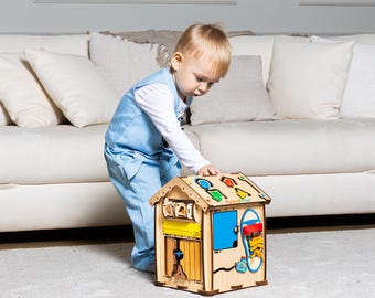 Wooden Busy House for Toddler's First Birthday: Montessori Activity Toy, Sensory Busyboard | GoodPlay