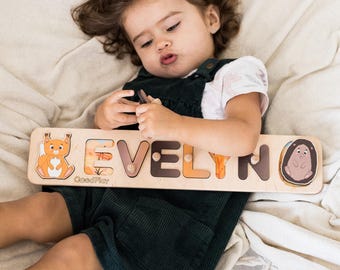 Woodland Name Puzzle with Pegs, Personalized First Birthday Gift, New Baby Present