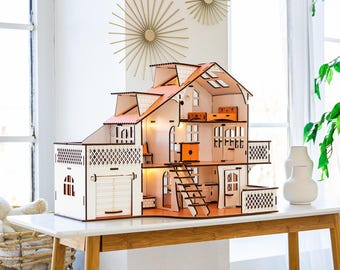 Wooden Pink Doll House Scale 1:24, Baby Girl Dollhouse with LED Lights, Furniture, Garage, Stairs and assembled to play, Birthday | Goodplay