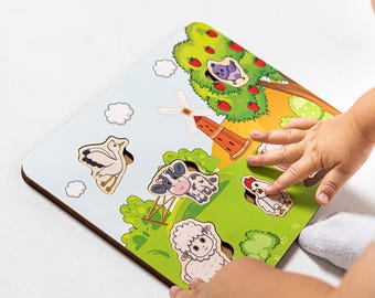 Wooden Farm Animal Puzzle – Montessori Baby Toy, Nursery Decor, Handmade Baby Gift