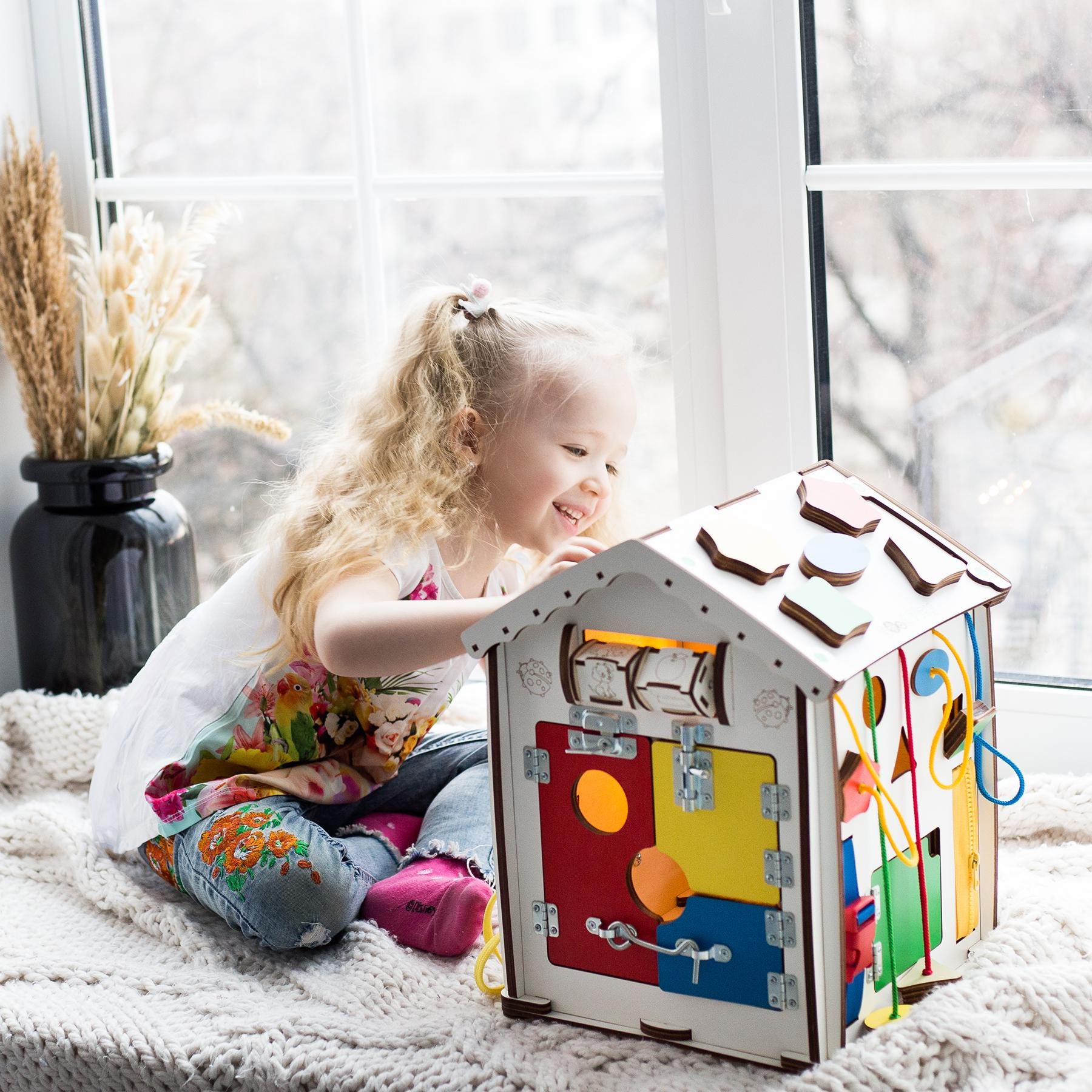 LED Busy Board House, Montessori Wooden Toy, Busyboard First Birthday Gift