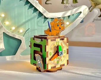 Small Travel Dinosaur Montessori Busy Cube: Wooden Sensory Activity Toy for Baby - GoodPlay
